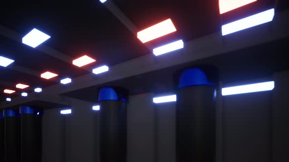 Camera Movement Inside A Futuristic Metal Corridor With Neon Colored Laser Lines 5