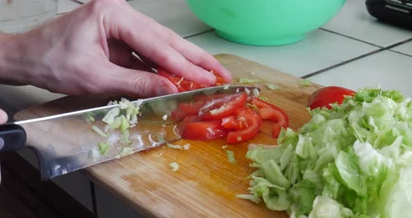 Close up on hands slicing tomatoes and cutting lettuce with a kitchen knife while preparing a health