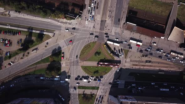 Aerial View of Busy Car Traffic Intersection, Commute, Crosswalk Crossroad, Metropolitan Area, time