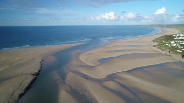 Empty beach in cornwall on a clear sunny day, aerial shot