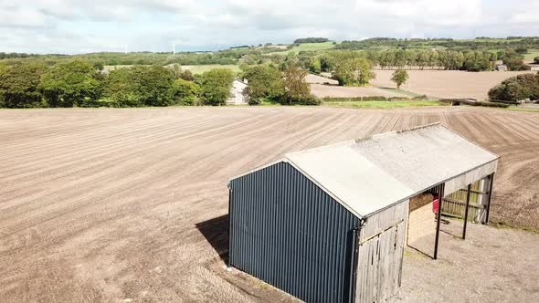 Aerial footage over farm barn