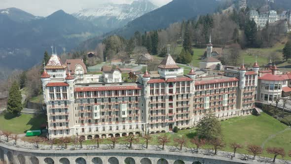 Aerial overview of beautiful hotel located in hills in Montreux, Switzerland