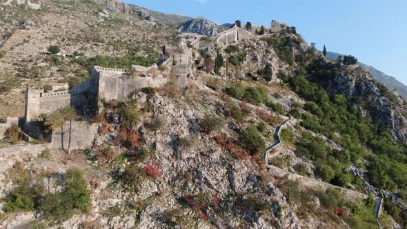 Fortifications of Kotor, fortress of St. John (St. Ivan), Montenegro, drone view