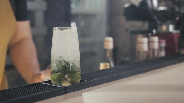 The Bartender Making Cocktail Mojito in a Nightclub Bar Shot with Smoke Machine Professional Modern