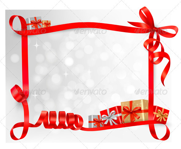 Holiday background with red gift bow with gift box