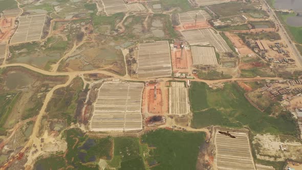 Aerial view of many brick factories, Dhaka province, Bangladesh.