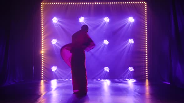 Silhouette a Young Girl Dancer in a Red Sari. Indian Folk Dance. Shot in a Dark Studio with Smoke