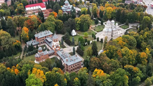 Aerial drone view of The Cathedral of Curtea de Arges, Romania. Episcopal Church