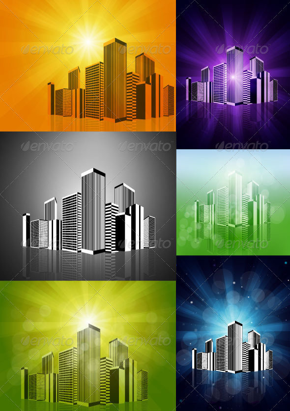 Vector Cityscape On Rays Background