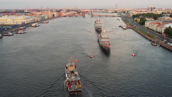 Aerial Morning Urban Landscape with Warships in the Waters of the Neva River Before the Holiday of