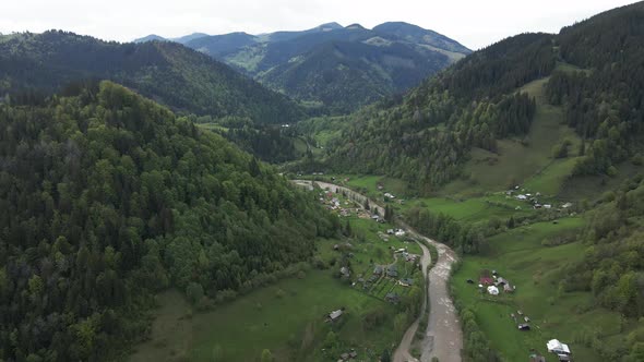 Ukraine, Carpathian Mountains: River in the Mountains. Aerial.