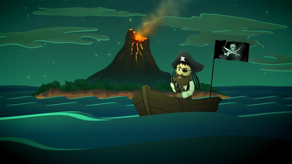 A pirate boat in front of an active volcano island in the middle of the ocean.