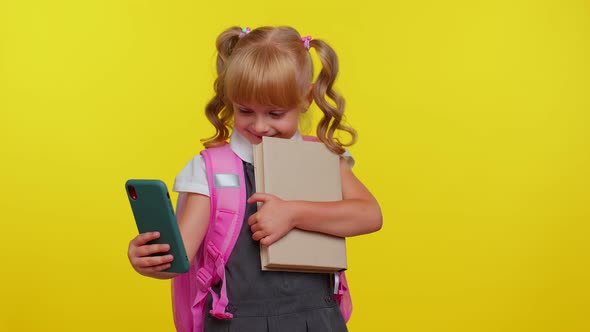 Funny Kid Blogger Primary School Girl Taking Selfie on Mobile Phone Communicating Video Call Online