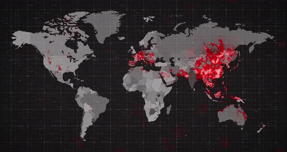 Animation of the world map and countries turning red through circles in a dark background