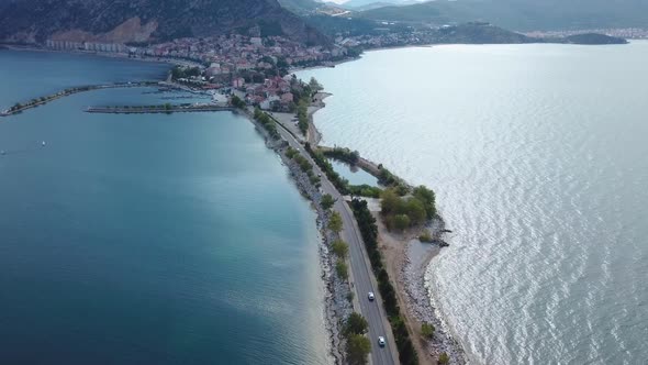 Aerial photo of Egirdir Lake Road to Green Island in Isparta