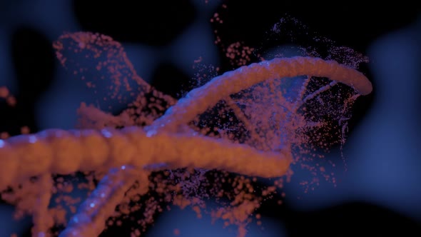 Macro fly through DNA molecule emitting particles teal orange RNA virus broken closeup