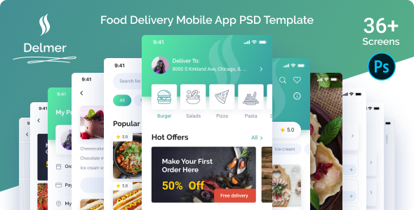 Delmer - Food Delivery Mobile App PSD Template