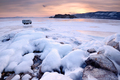 View of off road tourist vehicle and Oltrek Island at sunset, Baikal Lake, Olkhon Island, Siberia, - PhotoDune Item for Sale