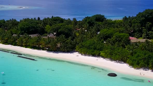 Aerial travel of tropical tourist beach by blue ocean and sand background