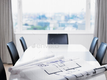 Blue prints on a table