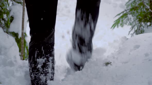 Male Feet Walking Through the Snow in Winter Forest