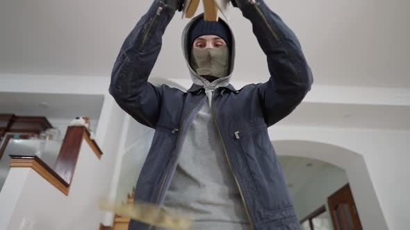 Bottom View of Confident Burglar in Mask Shaking Book As Money Falling Out