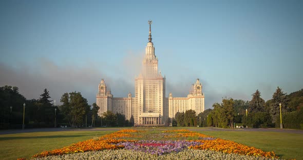 Moscow State University at dawn in the clouds