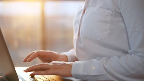 Closeup Woman Working Laptop Against Sunset