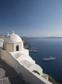 View of white washed church and sea ferries, Oia, Santorini, Cyclades, Greece - PhotoDune Item for Sale