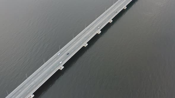 Drone View of a Modern Lowwater Bridge Across the Sea in Vladivostok