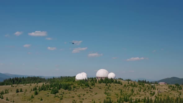 Aerial Drone View, Unusual Architecture Concept. Uniquely Designed Old Radar Station in Shape of