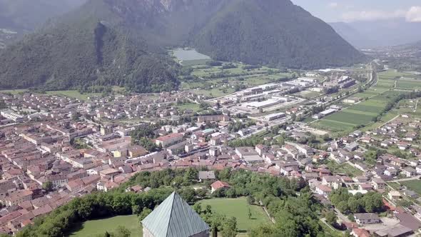 Aerial panoramic view of Borgo Valsugana in Trentino Italy with views of the city and mountains