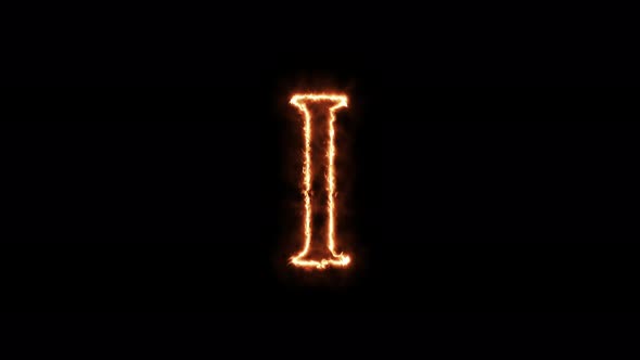 Fiery letter I. Symbol animation burning in a flame on a black background