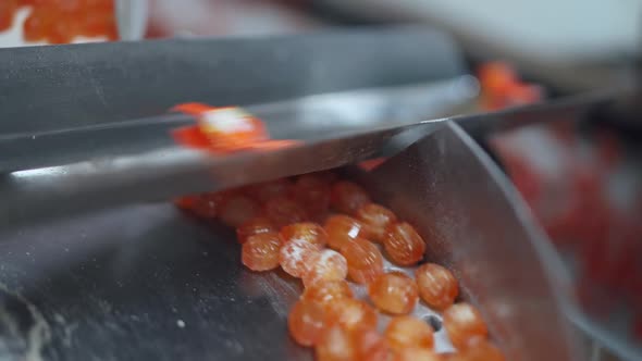 Сandy Factory Production of Sweets and Desserts View of Orange Caramel Sweets on Conveyor