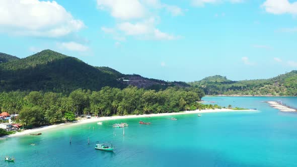 Aerial top down travel of exotic lagoon beach holiday by blue sea and white sand background of journ