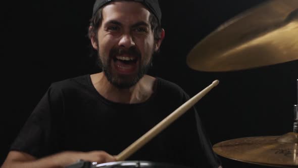 Emotional Man Shouting Playing Om Drum Kit Slow Motion