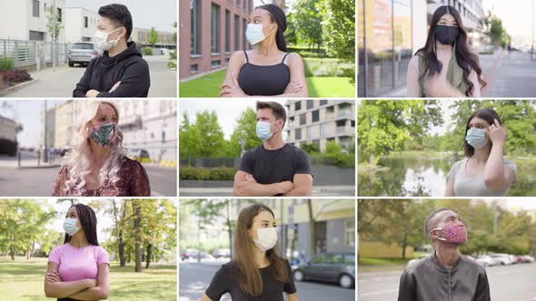 Compilation  Group of Nine Multicultural People with Face Mask Looks Around