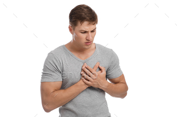 es hands to sore spot and suffers from chest pain, isolated on white background. Shortness of breath, heart attack, bad feeling and health problems