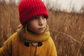 Dreamy Portrait of a Child in Yellow Coat and Red Hat Holding a Yellow Grass in the Mouth - PhotoDune Item for Sale