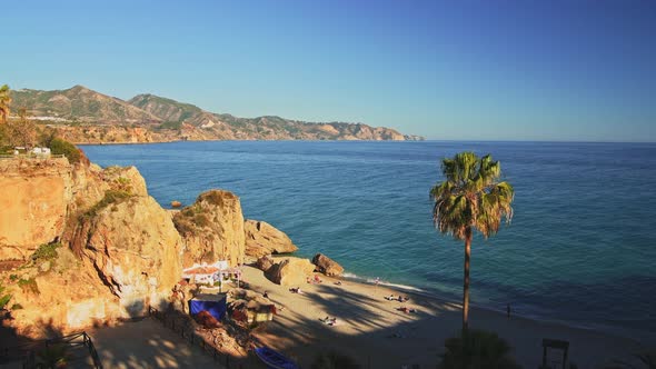 Aerial Drone View of Beautiful Beach on Mediterranean Coast of Spain at Nerja, Costa Del Sol in Anda