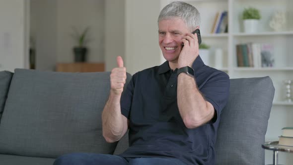 Cheerful Middle Aged Businessman Talking on Smartphone on Sofa 