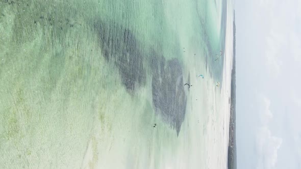 Zanzibar Tanzania  Vertical Video Kitesurfing Near the Shore of Ocean Slow Motion