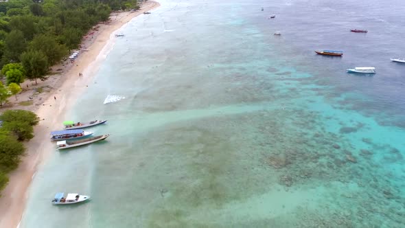 Aerial view of transparent coastal line on Gili Trawangan island, Indonesia.