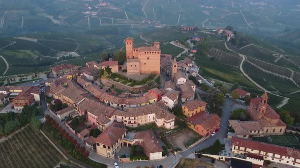 Serralunga d'Alba and Medieval Castle in Langhe, Piedmont Italy Aerial View
