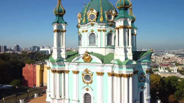 Aerial view of Andriivska Church and historical part of Kyiv - Podil