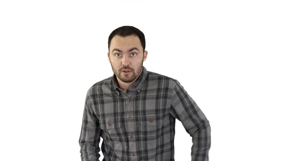 Young man tries to catch up running on white background.