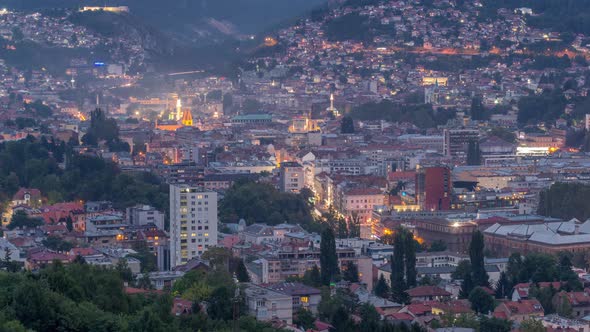 Aerial view of the historic part of Sarajevo city day to night timelapse.