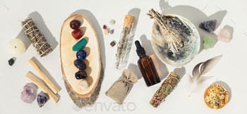 undle on abalone sea shell, dry healing herbs on white background. Relaxation and meditation kit. Witchcraft Ritual, Relaxing Chakra. Esoteric, wiccan, modern magic, life balance concept