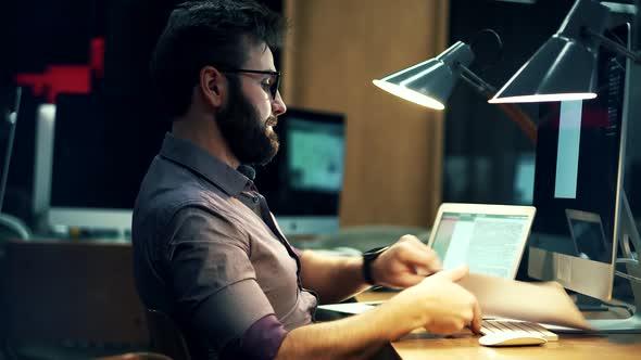 Tired Worker Overworked On Computer. Unhappy Frustrated Businessman. Office Work Overtime.