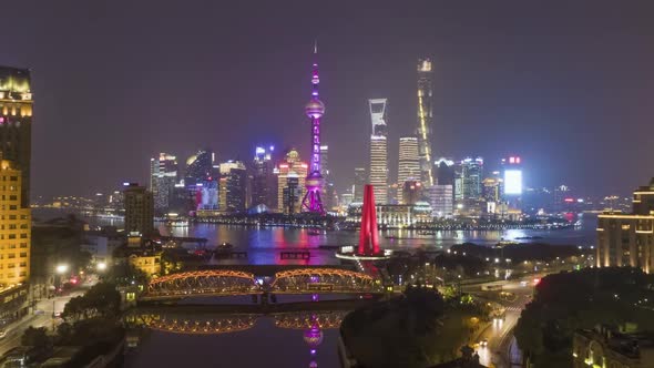 Shanghai Skyline at Night. Urban Lujiazui District. China. Aerial View